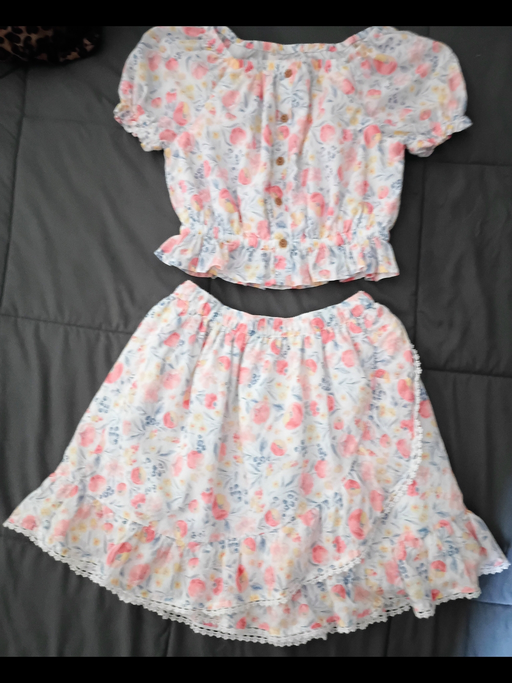 Tommy Bahama White Floral Crop Top & Skirt Set with Pink and Blue Accents